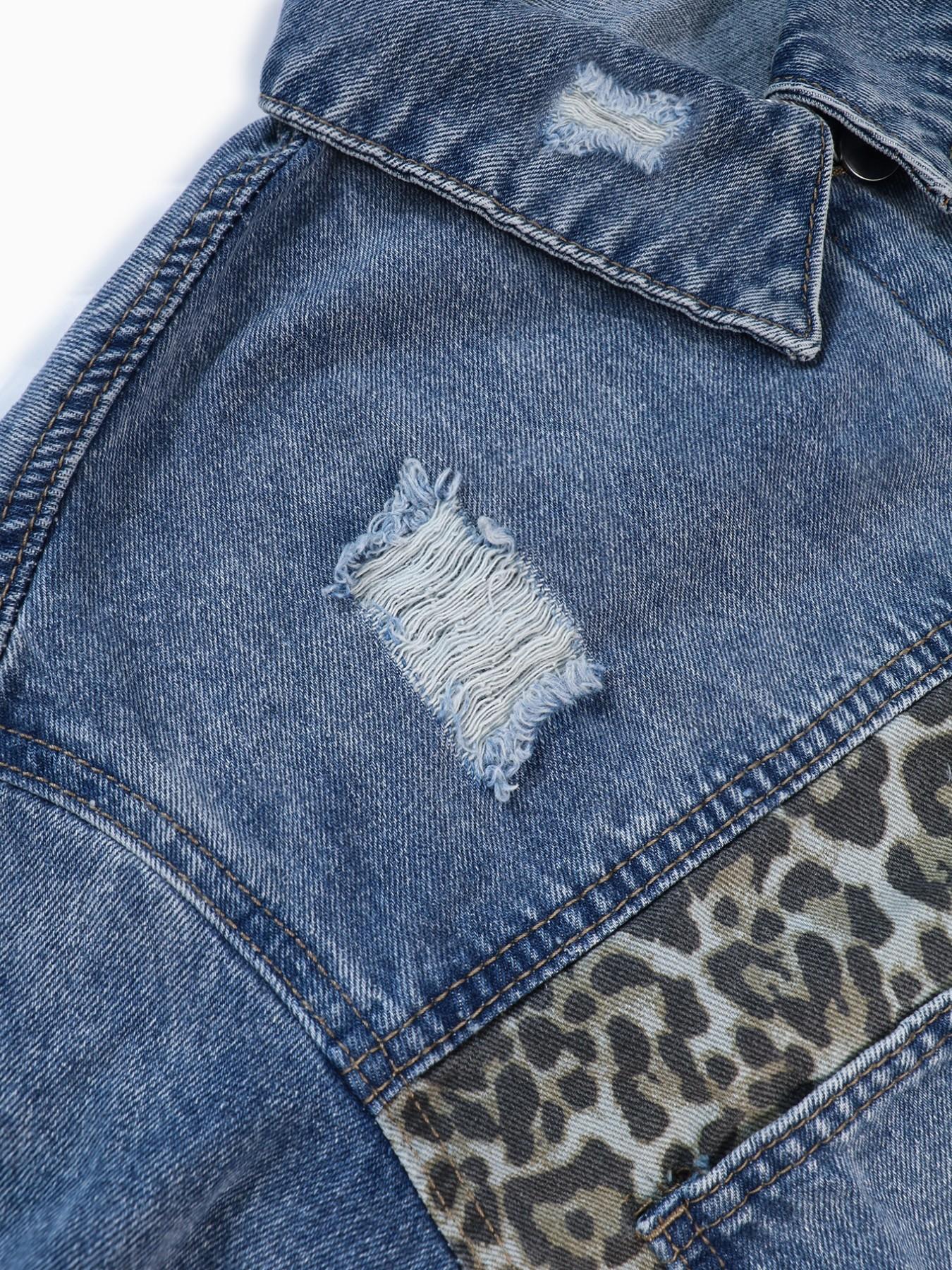 Women's Leopard Print Denim Jacket, Vintage Millennial Street Style, Loose Fit, Baggy, Long Sleeve, Button Closure, Casual Outerwear, Coats