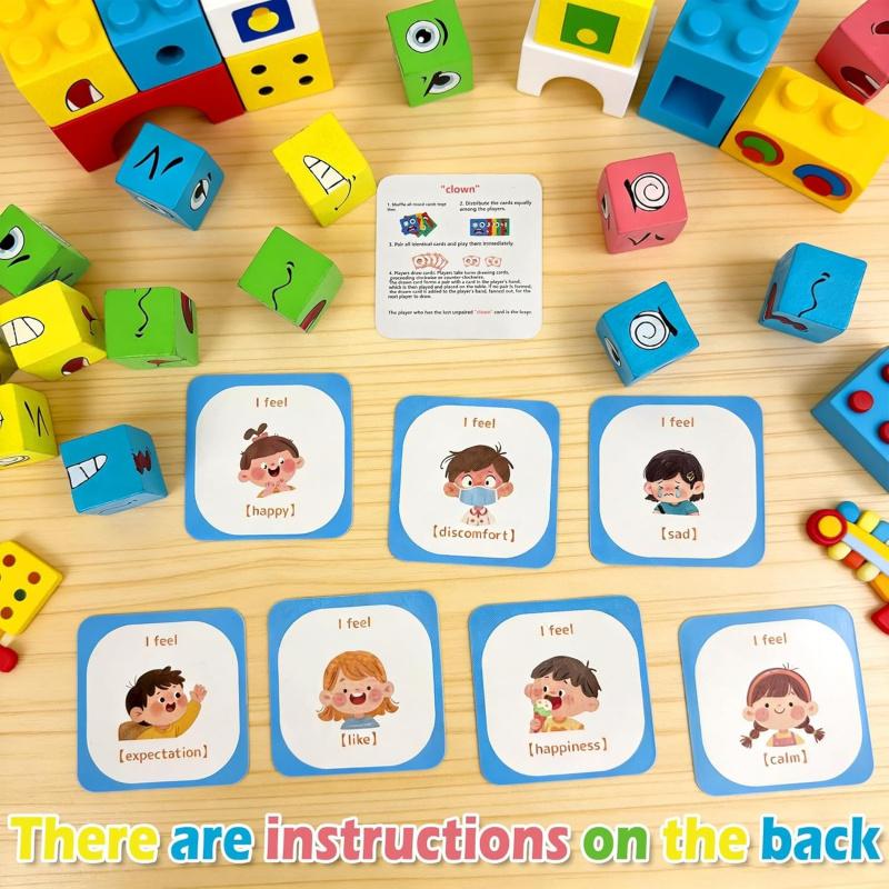 Wooden Face Changing Magic Cube Game[16 blocks + 72 cards], Expression Puzzle Building Blocks Pattern Matching Game, Educational Puzzles Toy Board Games for Kids and Adults with Bell