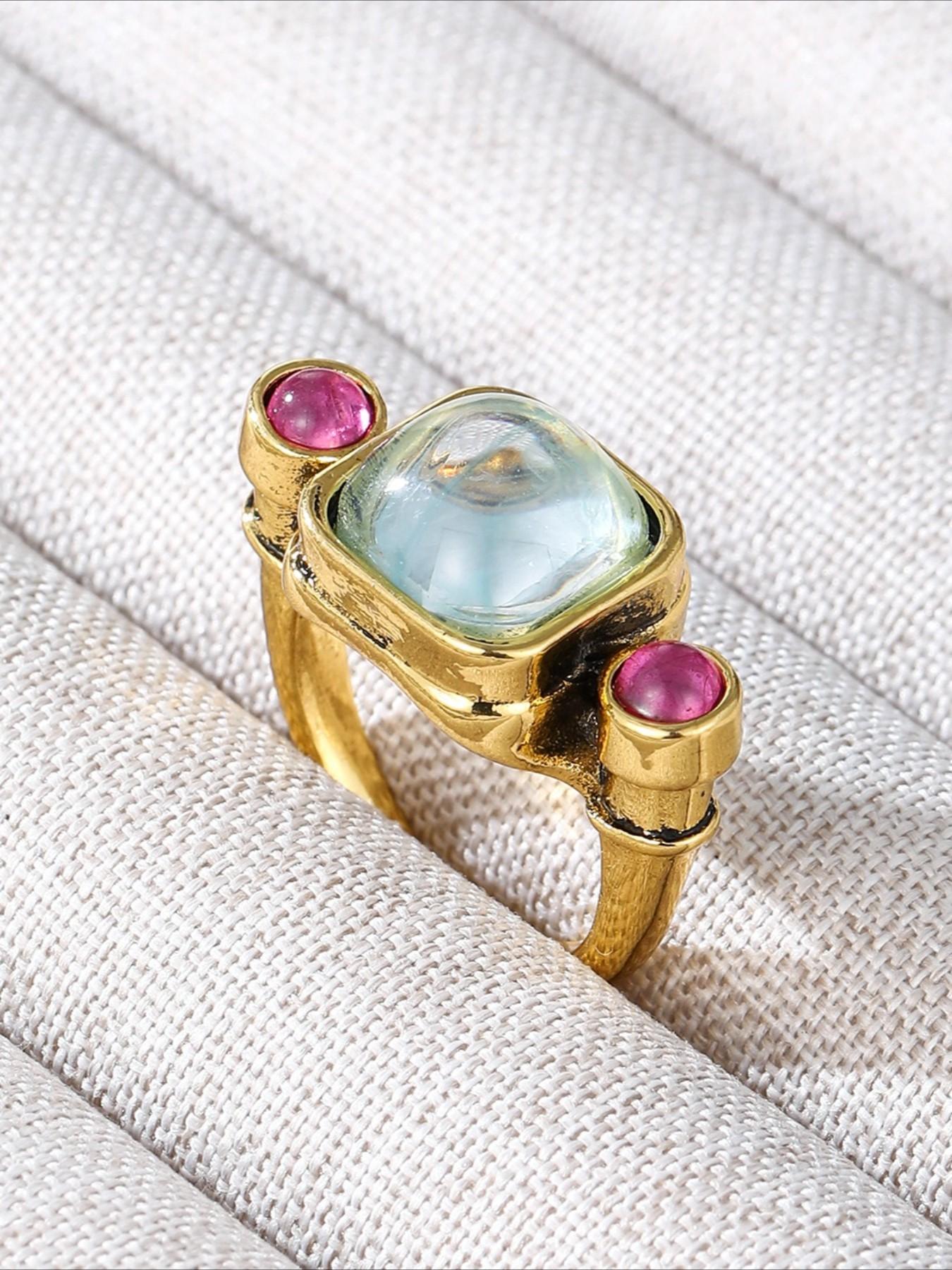 Vintage Palace Style Boho Aesthetic Geometric Zircon Ring, Retro Women's Party Design, Versatile Aged Look, Unique Fashion Accessory, Artificial Zircon Ring