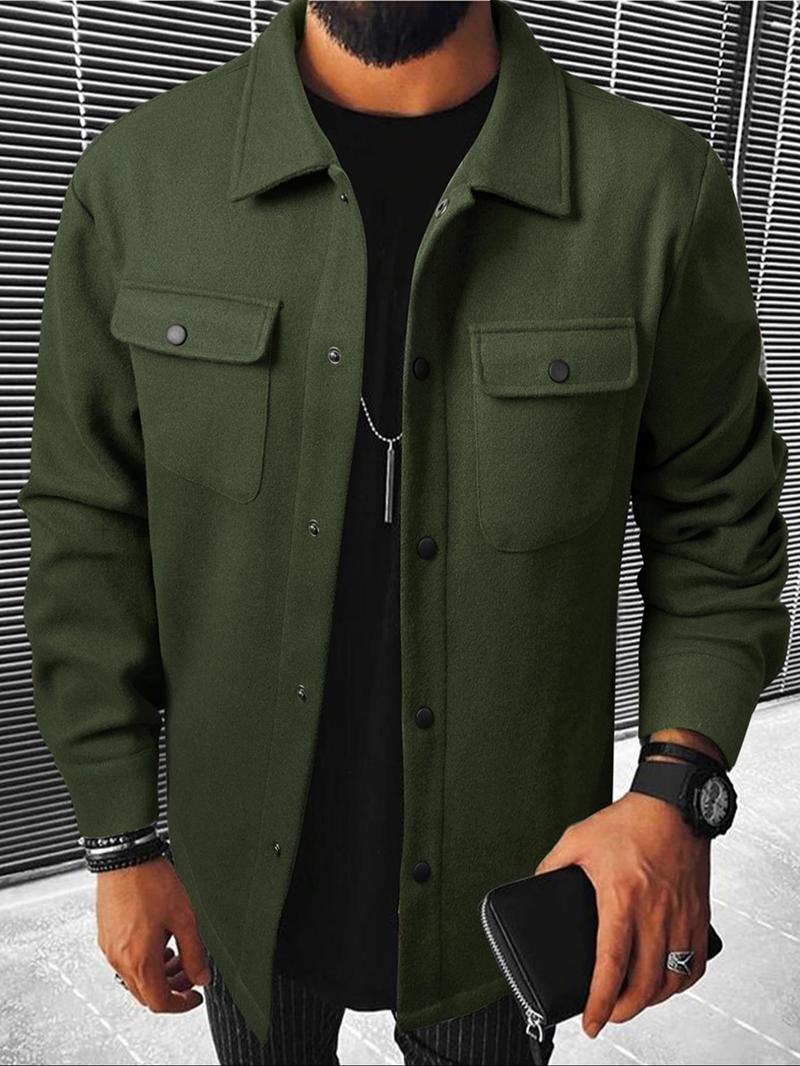Men's Plain Long Sleeve Jacket, Regular Fit Casual Classic Button Front Flap Pocket Collared Outerwear for Fall & Winter, Going Out Outfit