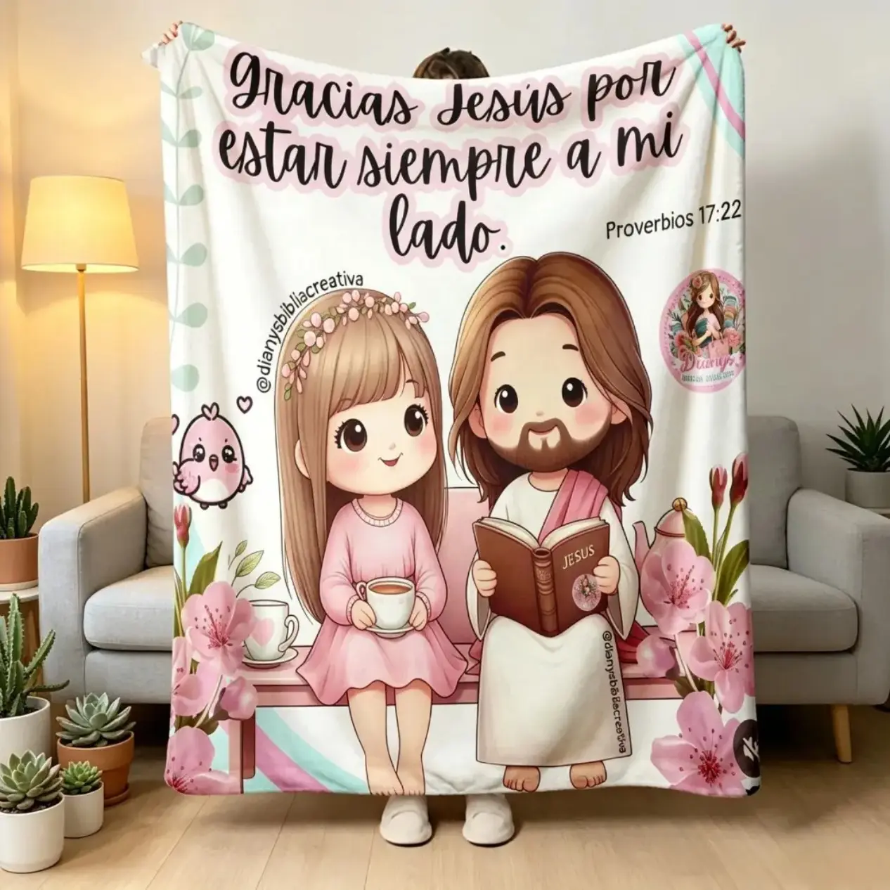 Christian Print Throw Blanket, Cute Cartoon Jesus & Kids Design, Soft Cozy Lightweight Flannel Blanket, Floral Scripture Religious Blanket for Bedroom Sofa Living Room, Christian Gift for Christmas Easter Family
