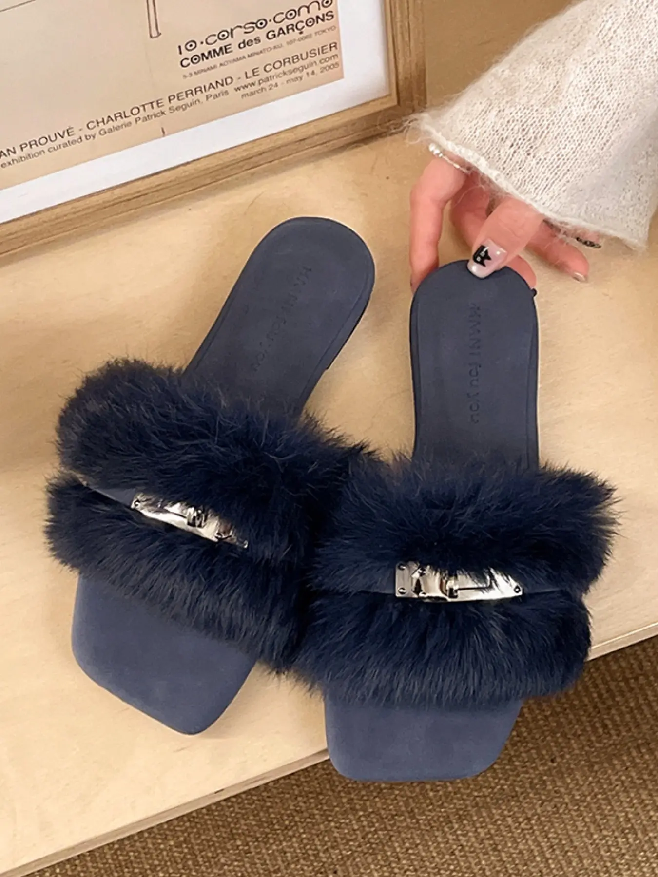 Cozy Thick Plush Outer Wear Slippers, Multi-Color Square Toe Flat Heel Lazy Slippers, Korean Style Versatile Fuzzy Slippers