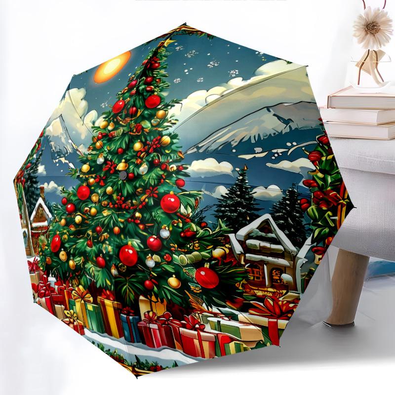 Festival Christmas Tree Printed New Universal Umbrella, Automatic Folding Umbrella, Portable Foldable Design Travel Umbrella, Outdoor Umbrella, Black Friday, Christmas, Birthday Gift C362