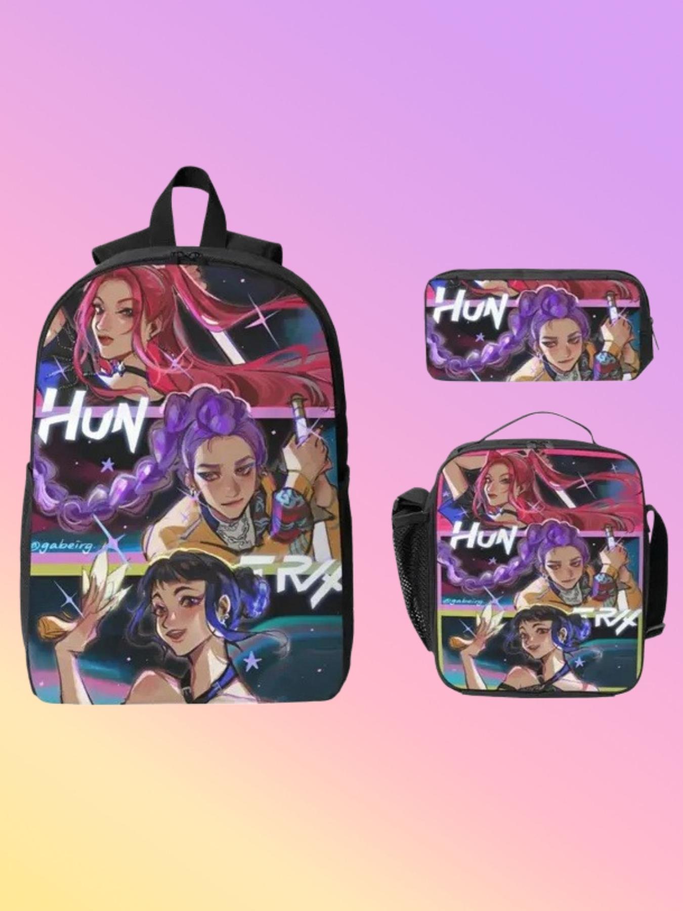 K-Pop Cartoon Girl Group Backpack Set, Large Capacity School Bag, Lunch Box, Pen Case, Student Shoulder Bag, Three-Piece Set