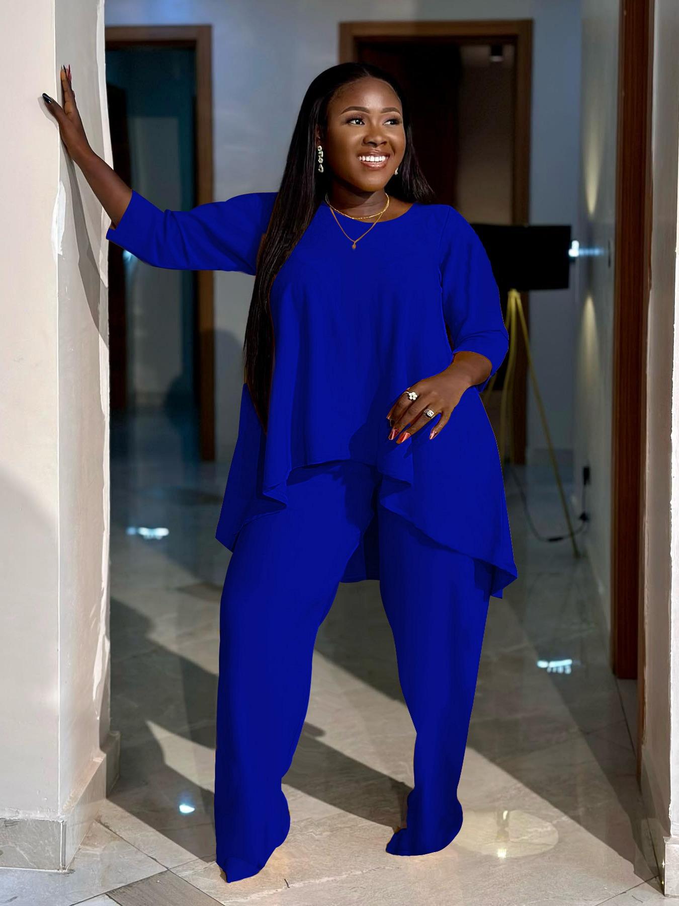 Plus Size Solid Knit Round Neck Set, 2 Counts/set  Casual Cozy Loose Long Sleeve High Low Tee & Pants for Daily Wear, Women's Outfits for Spring & Fall