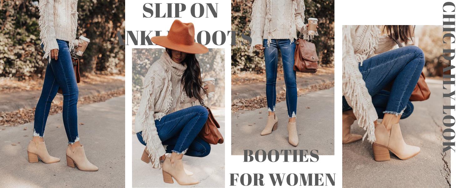 Coutgo Womens Pointed Toe Stacked Mid Heel Ankle Boots V Cut Back Zipper Faux Leather Booties Coutgo Womens Pointed Toe Stacked Mid Heel Ankle Boots V Cut Back Zipper Faux Leather Booties