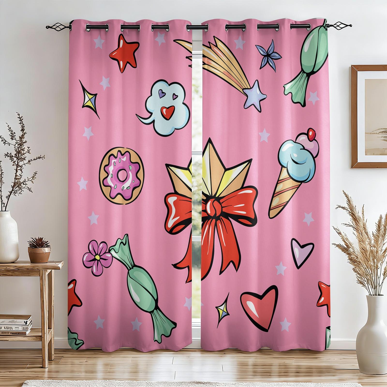 2 Panels Cute Candy Curtains, 80%-90% Light Blocking Printed Curtains, Cartoon Sweet Darkening Curtains, Kawaii Dessert Decoration Curtains for Girls Bedroom