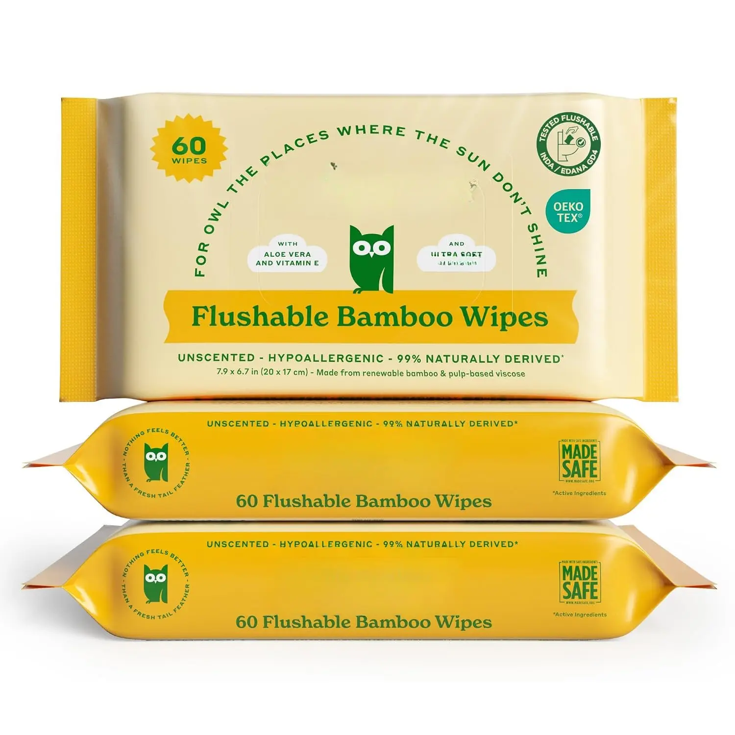 Tree Free Flushable Wipes, Septic Safe, 60 Wipes Per Pack, 180  | Made with  Viscose, Unscented, XL Size 7.9x6.7", Resealable Tab, Infused with Aloe Vera & Vitamin E,  Free