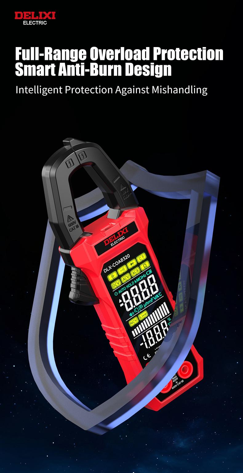 DELIXI Clamp Meter Multimeter 6000 Count Auto Amp Clamp Meter, True-RMS Voltmeter Voltage Tester, Auto Ranging AC/DC Voltage & AC Current, Non-Contact Voltage Testing, Temperature Continuity Resistance Diode Measurement with Storage Bag