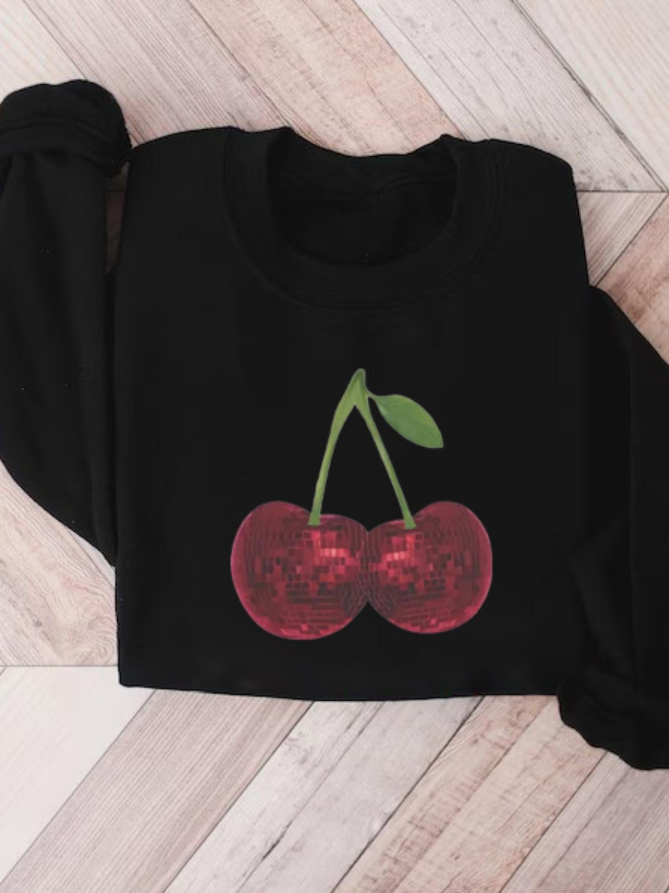 Women's Cherry Print Crew Neck Sweatshirt, Fashion Casual Long Sleeve Pullover for Fall & Winter, Women's Clothes for Daily Wear