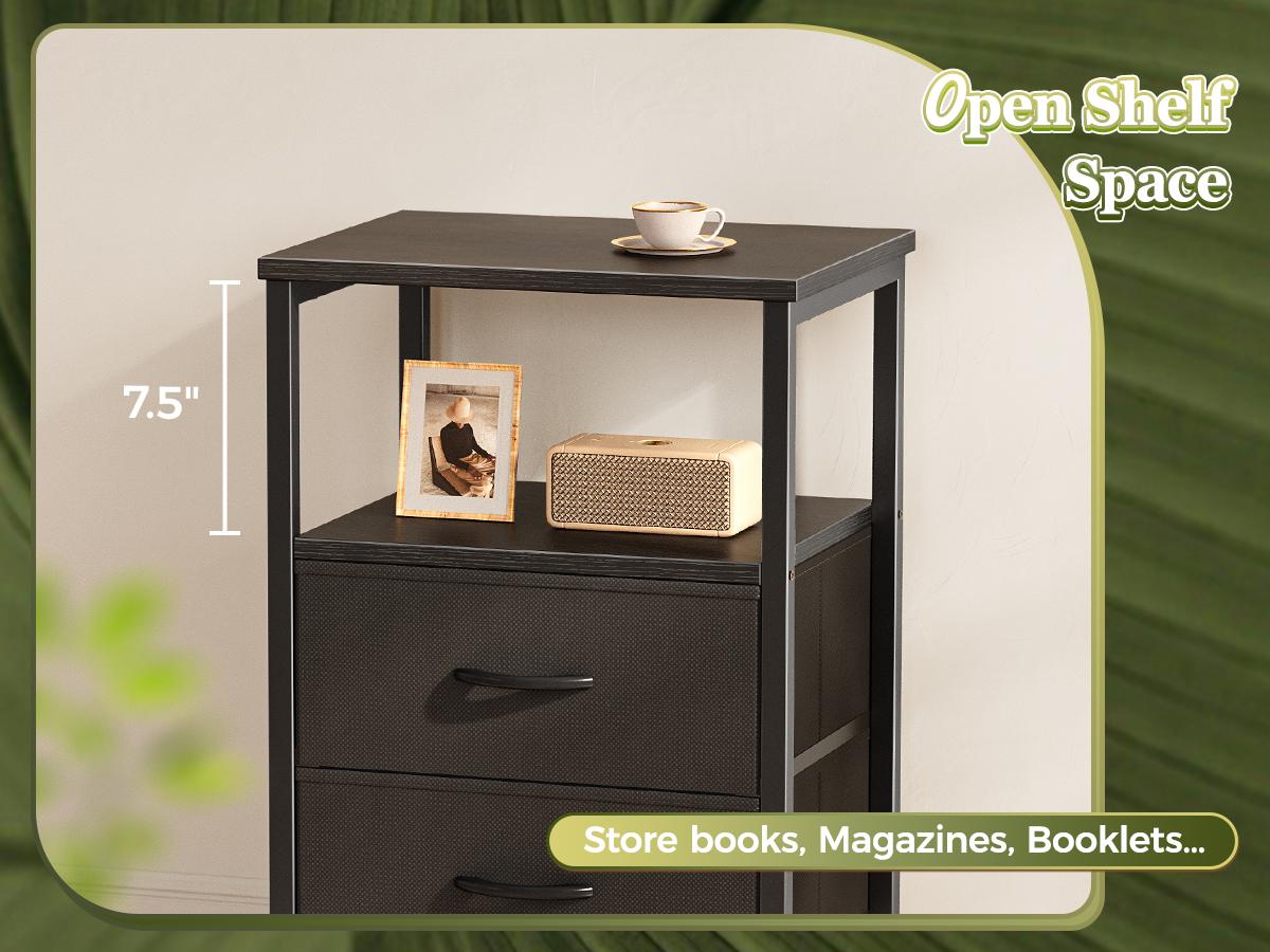 Huuger Night Stand with 2 Drawers, Bed Side Table with Open Shelf, Wooden Top, End Table for Small Space, Bedroom, Fabric Drawer Huuger Night Stand with 2 Drawers, Bed Side Table with Open Shelf, Wooden Top, End Table for Small Space, Bedroom, Fabric Drawer