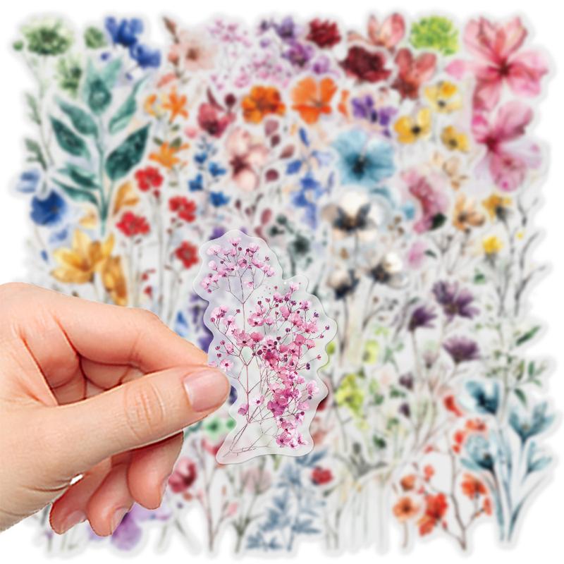 50 Watercolor Floral Transparent PET Stickers - Suitable for Waterproof Decorative DIY Stickers for Suitcases, Phone Cases, Laptops, Helmets, Skateboards