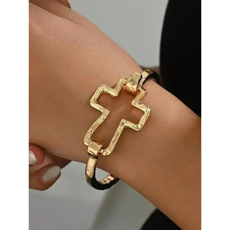 Chunky Gold Tone Cross Cuff Bangle, For Men And Women, Hammered Finish Cutout Cross, Hypoallergenic Easy Slip-On, Statement Christian Faith Open Bracelet, Adjustable Size, Perfect Everyday Birthday Gift