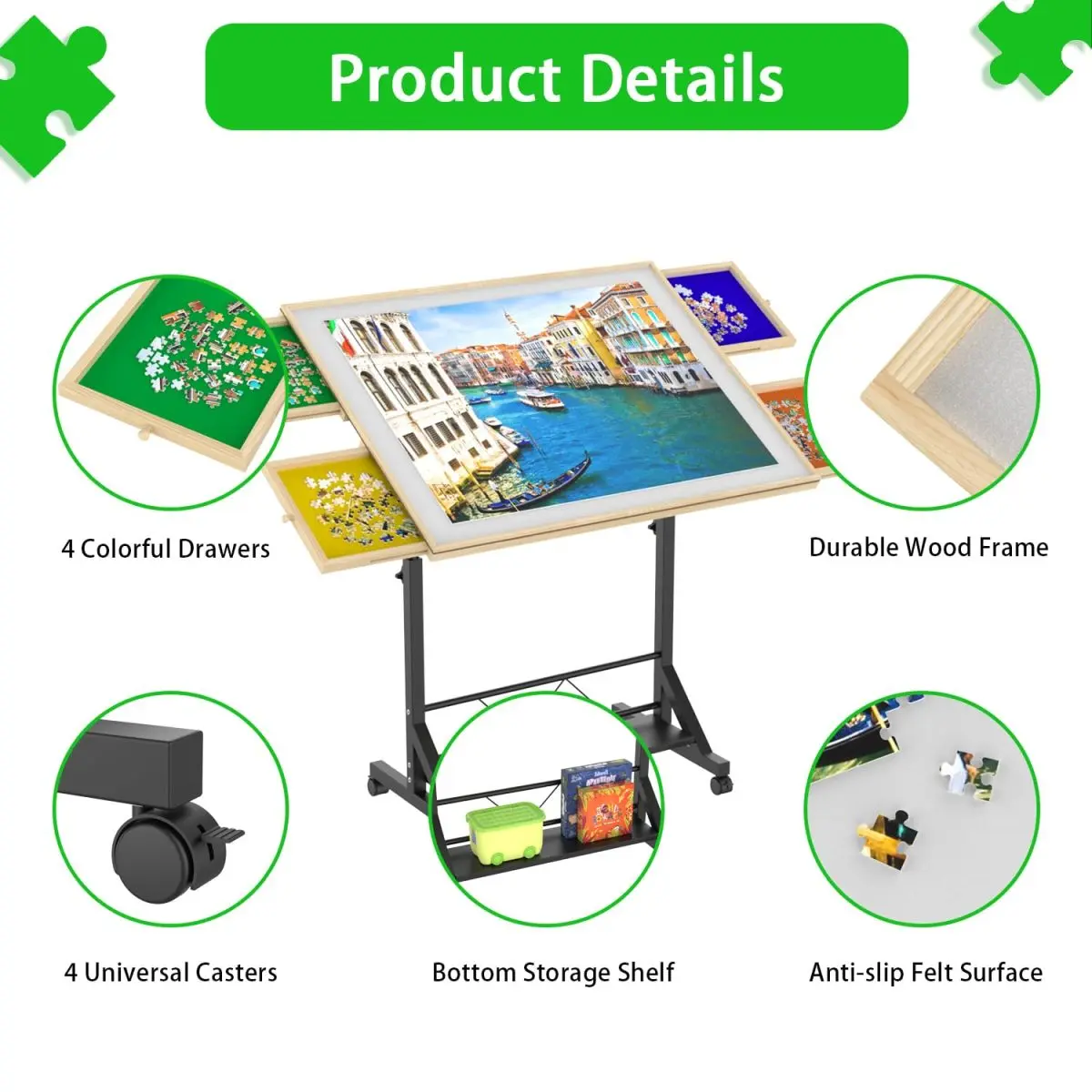 Wood Frame 1500-Piece Puzzle Rolling Table with Drawer, 35x27 in, Adjustable Legs & Wheels, 360° Tilting Height/Angle, Protective Cover (Commercial/Office Rolling & Wheel-Equipped Furniture)