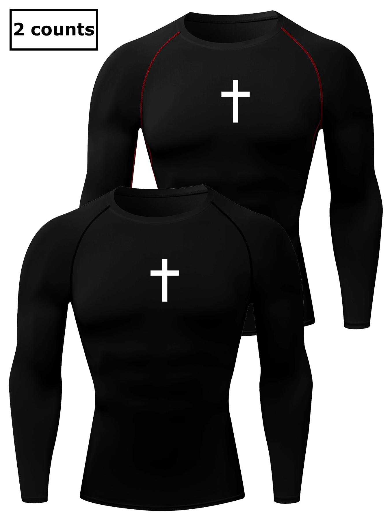 Men's Cross Print Round Neck Sports Tee, Tight Sporty Quick Drying Breathable Long Sleeve T-shirt, Men's Sportswear for Spring & Fall Gym Workout, Athletic Style High Performance Activewear