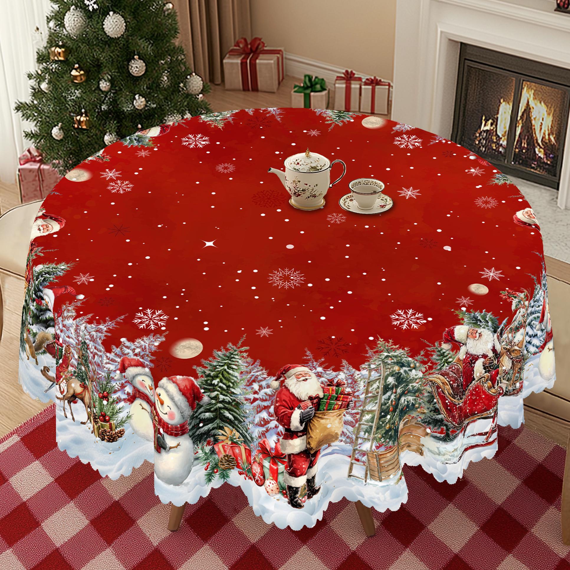 PLUMLIK Red Christmas Tablecloth with Santa Claus, Reindeer, Snowman Patterns, Christmas Decor 2025, Christmas Party Decoration for Indoor&Outdoor, Vintage Round Rectangular Table Cloth, Holiday Home kitchen Festive Decor, Christmas Gifts