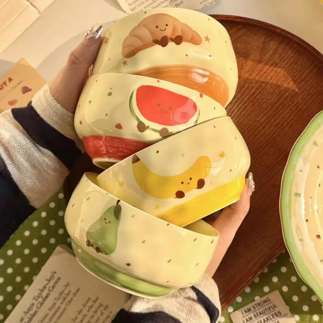 Cute Fruit Ceramic Bowl Creative Kawaii Hand-painted Ceramic Anti-scald Soup Bowl Home Kitchen Noodle Ramen Tableware Bowl