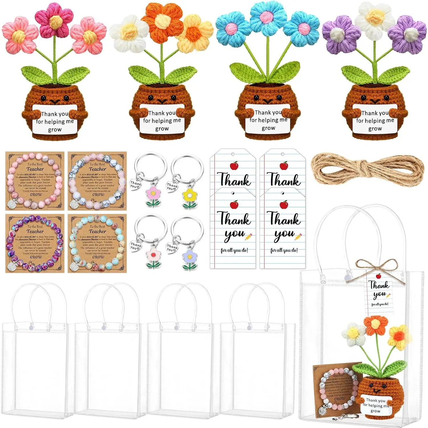 Wavwavw 4-Set Back to School Teacher Gift Set with Crochet Flower Dolls, Thank You Crochet Bracelets, Keychains, Appreciation Bags & Cards Tags, Puff Flower Design, Ideal for Room Decor
