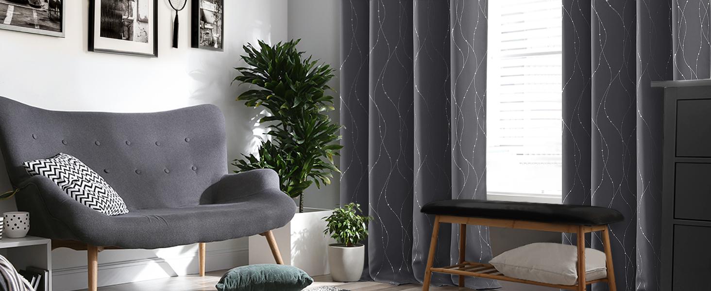 Deconovo Silver Dots Pattern Blackout Curtains (2 Panels & Grommet) - Thermal Insulated,Soundproof Printed Drapes for Living Room, Bedroom, Sliding Glass Door and Office
