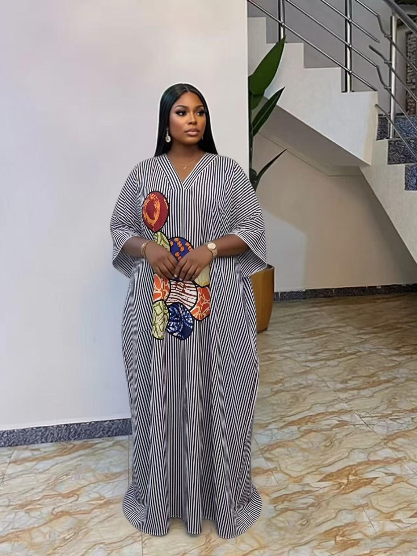 Plus Size Women's Fashion Chic Striped Print V-Neck Dress, Casual Daily Wear, Boho Summer, Ethnic Boubou Kaftan for Party & Beach Plus Size Women's Fashion Chic Striped Print V-Neck Dress, Casual Daily Wear, Boho Summer, Ethnic Boubou Kaftan for Party & Beach