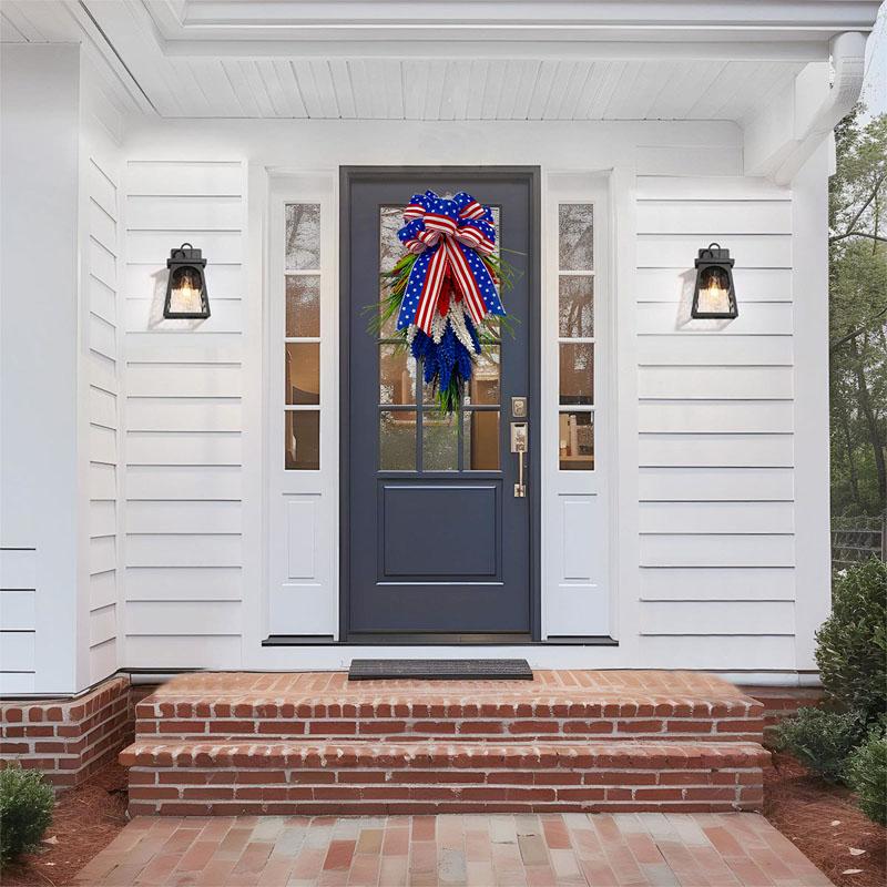 Artificial wheat sheaf wreath suitable for the American patriotic Memorial Day on July 4th. A festive red, white and blue wreath hanging decoration. Beautiful and unique. Suitable for decorating the entrance and walls of the home with this wreath.