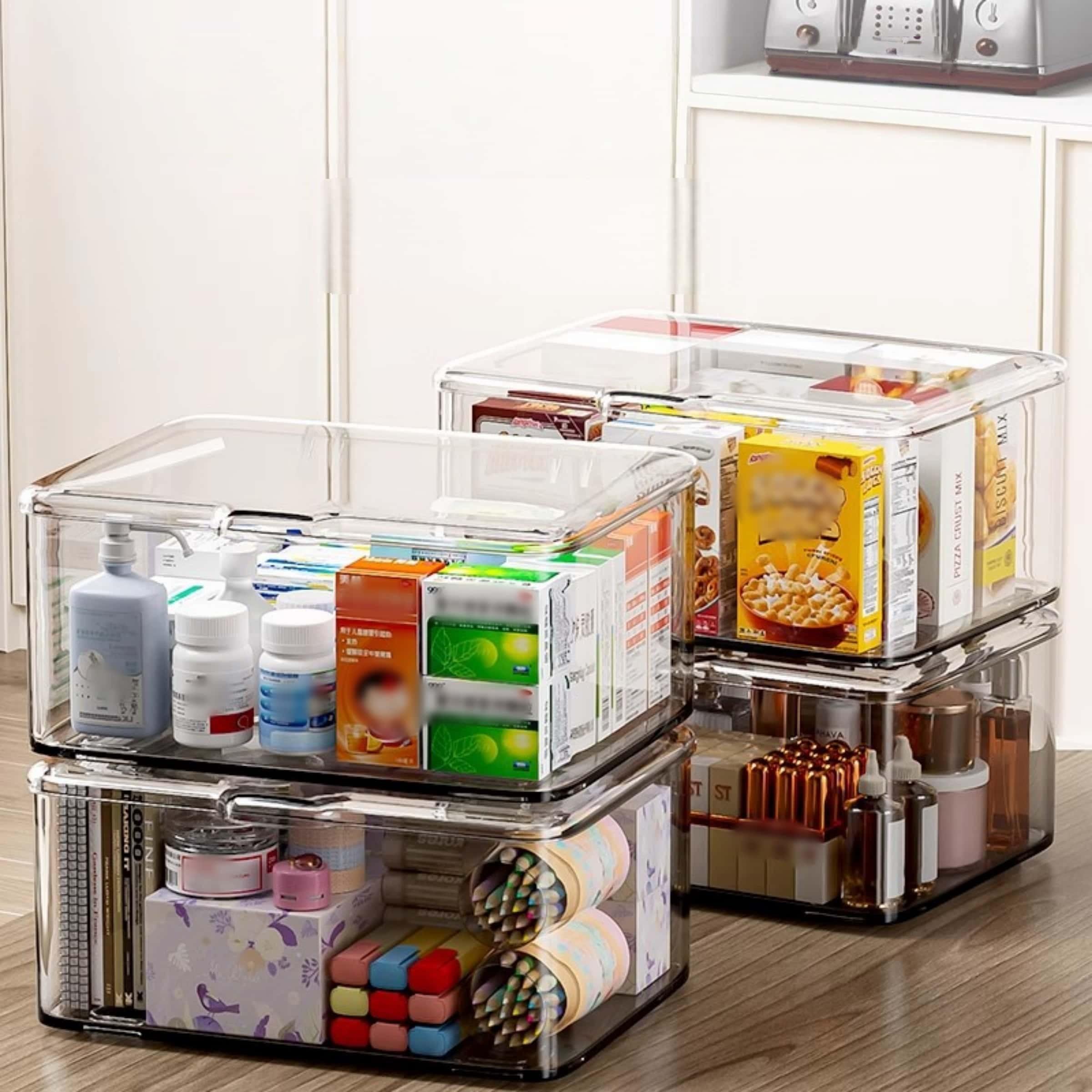 Two-Pack Transparent Plastic Storage Boxes with Lids, Stackable Food Storage Containers, Large Capacity for Kitchen, Fridge, Medicine Cabinet