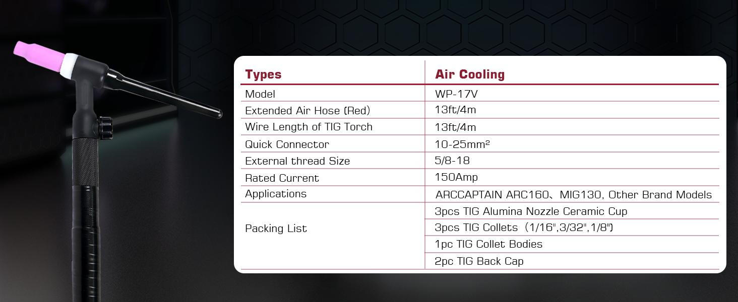 ARCCAPTAIN TIG Welding Gun, WP-17V Argon TIG Torch with 13-FT Red Air Hose and 10-25mm Connector, Lift Tig Torch 150amp with 13-FT Cable for ARCCAPTAIN ARC160 MIG130 lift tig