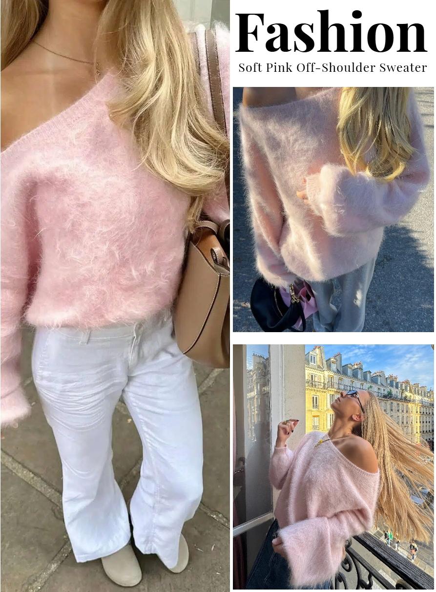 Women's Plush One-Shoulder Knit Top, Knitwear, Soft Pullover Sweater, Warm Autumn Winter Loose Fit Long Sleeve, Elegant Sweet Style