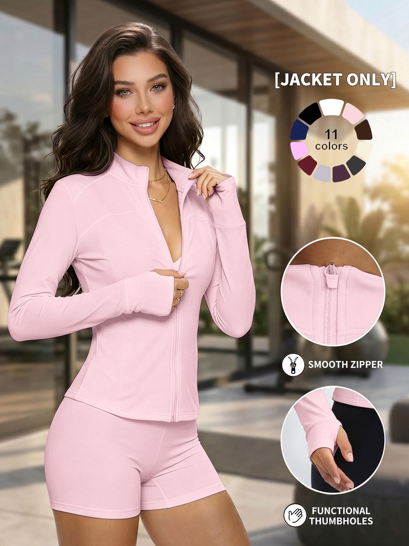 Women's Plain Zipper Yoga Top, Sporty Slim-Fit UV-Protective Jacket, V-Neck Long Sleeve, Spring Summer Outdoor Gym Wear, Activewear