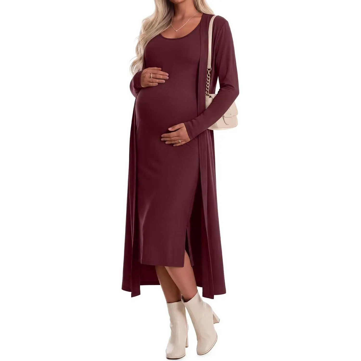 2 Piece Women Maternity Dress Cardigan Set | Maxi Tank Sleeveless Long Dress, Baby Shower, Pregnancy, Bodycon, Formal, Photoshoot, Wedding Guest, Gender Reveal, Fall