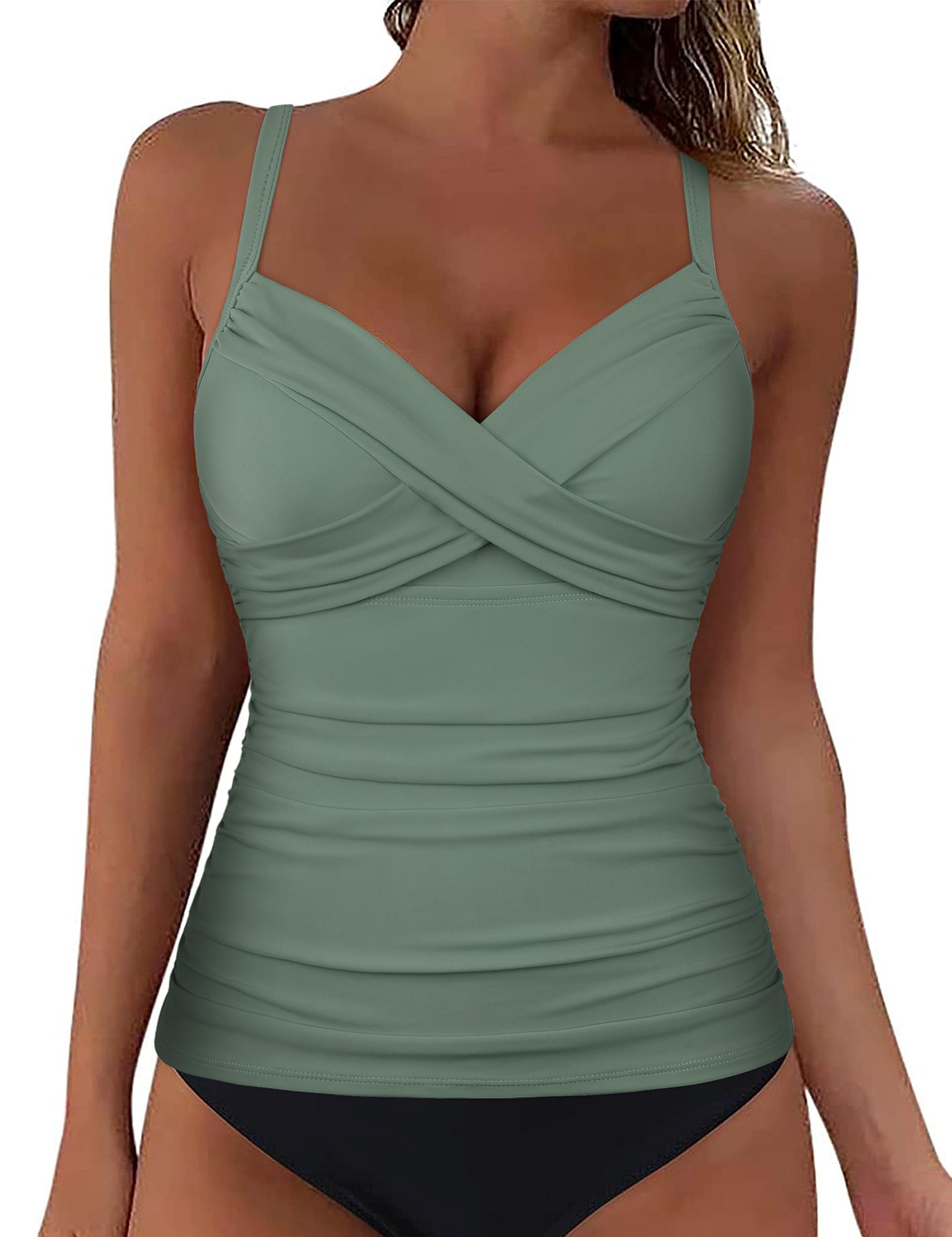 Hilor Women's Underwire Tankini Top Swimwear Twist V Neck Swimsuits for Big Busted Tummy Control Bathing Suits Top Only
