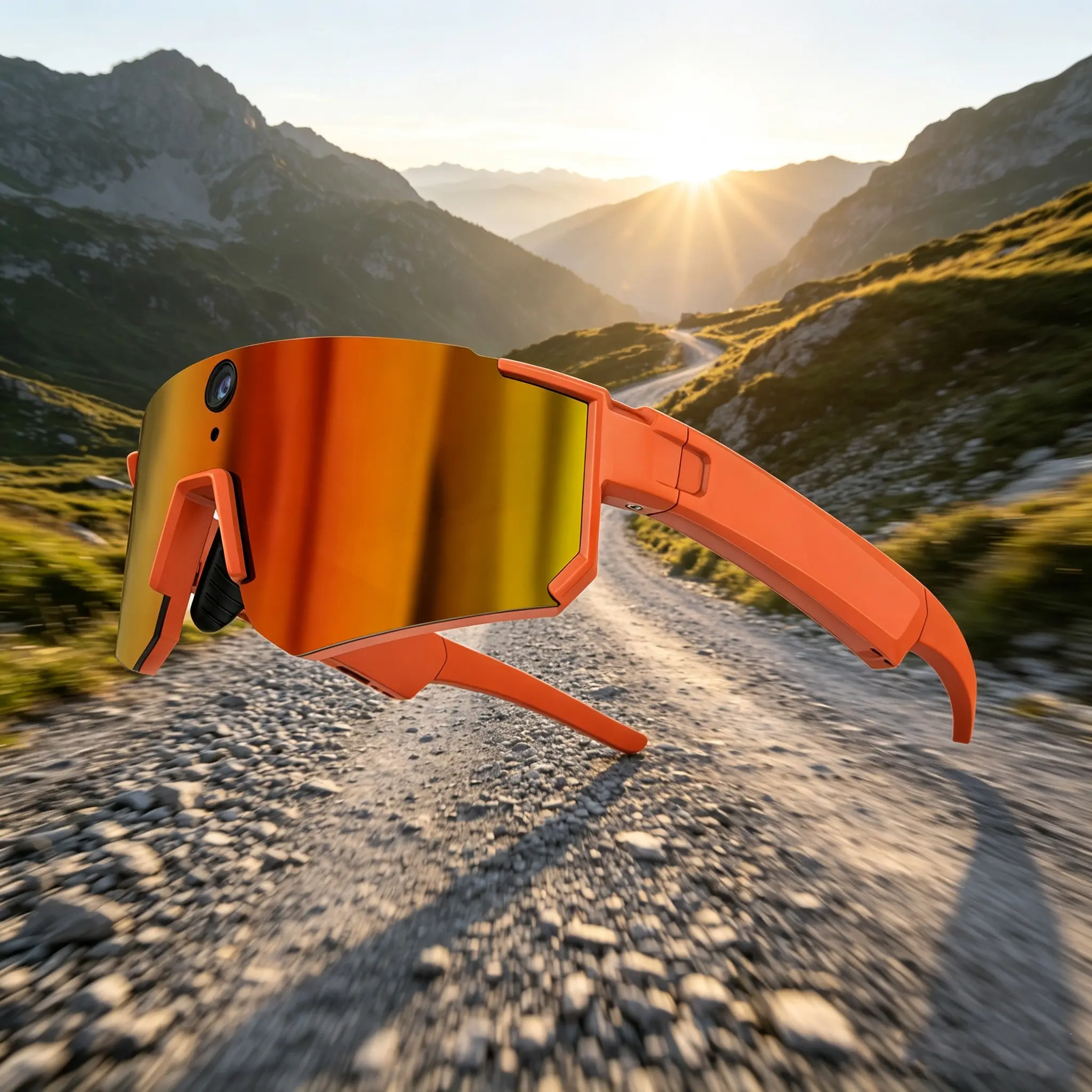 Smart cycling sunglasses equipped with an 8MP camera, 360° surround stereo audio, one-click recording, first-person view to capture outdoor, multiple AI features, 290mAh long-lasting battery, WiFi for file transfer, and Bluetooth for calls and music.