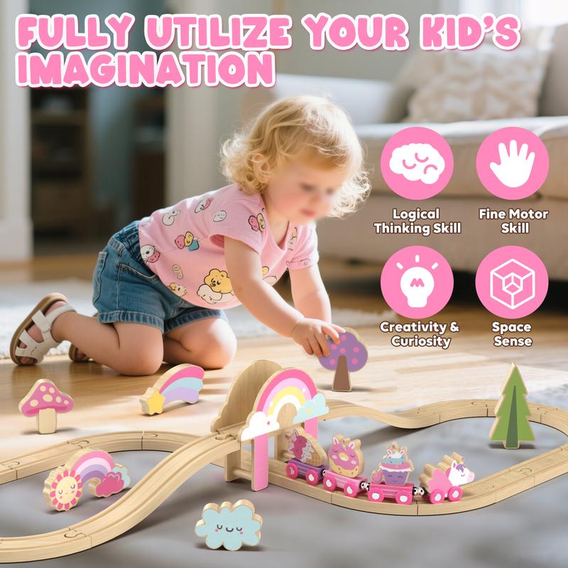 Lehoo Castle 38pcs72pcs Wooden Train Set, Train Set for kids, Wooden Train Track for Girls, Train Set with Tracks & Accessories, Unicorn Toys for Girls, Montessori Toys for Boys & Girls