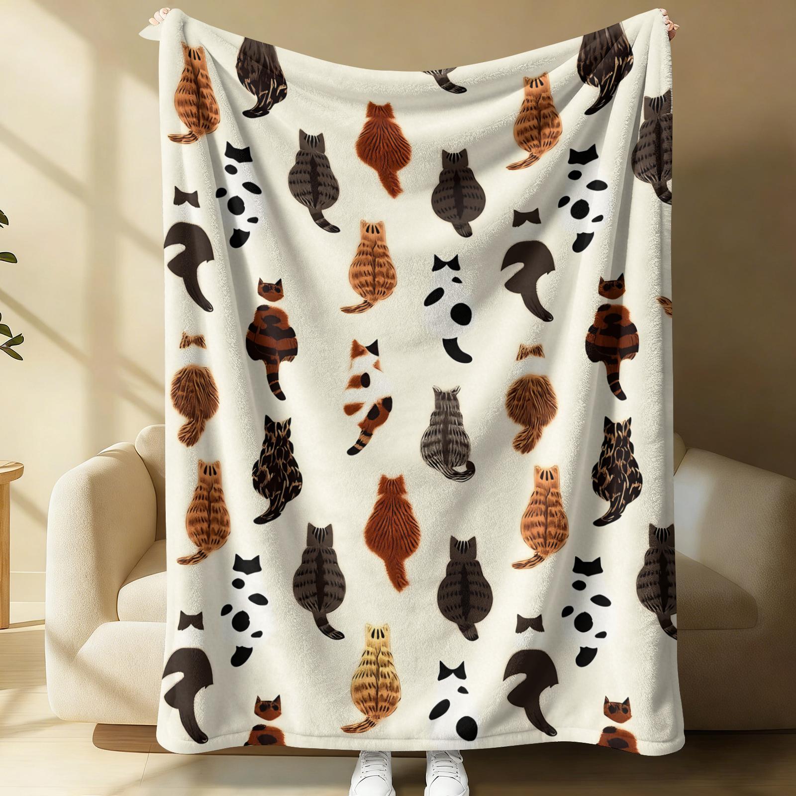Cute Cat Back Print Flannel Throw Blanket, Soft Warm Fleece Blanket for Couch Bed Sofa, Cozy Plush Gift Blanket with Funny Cat Pattern, Lightweight Decorative Blanket for All Seasons, Perfect Gift for Cat Lovers, Friends & Family