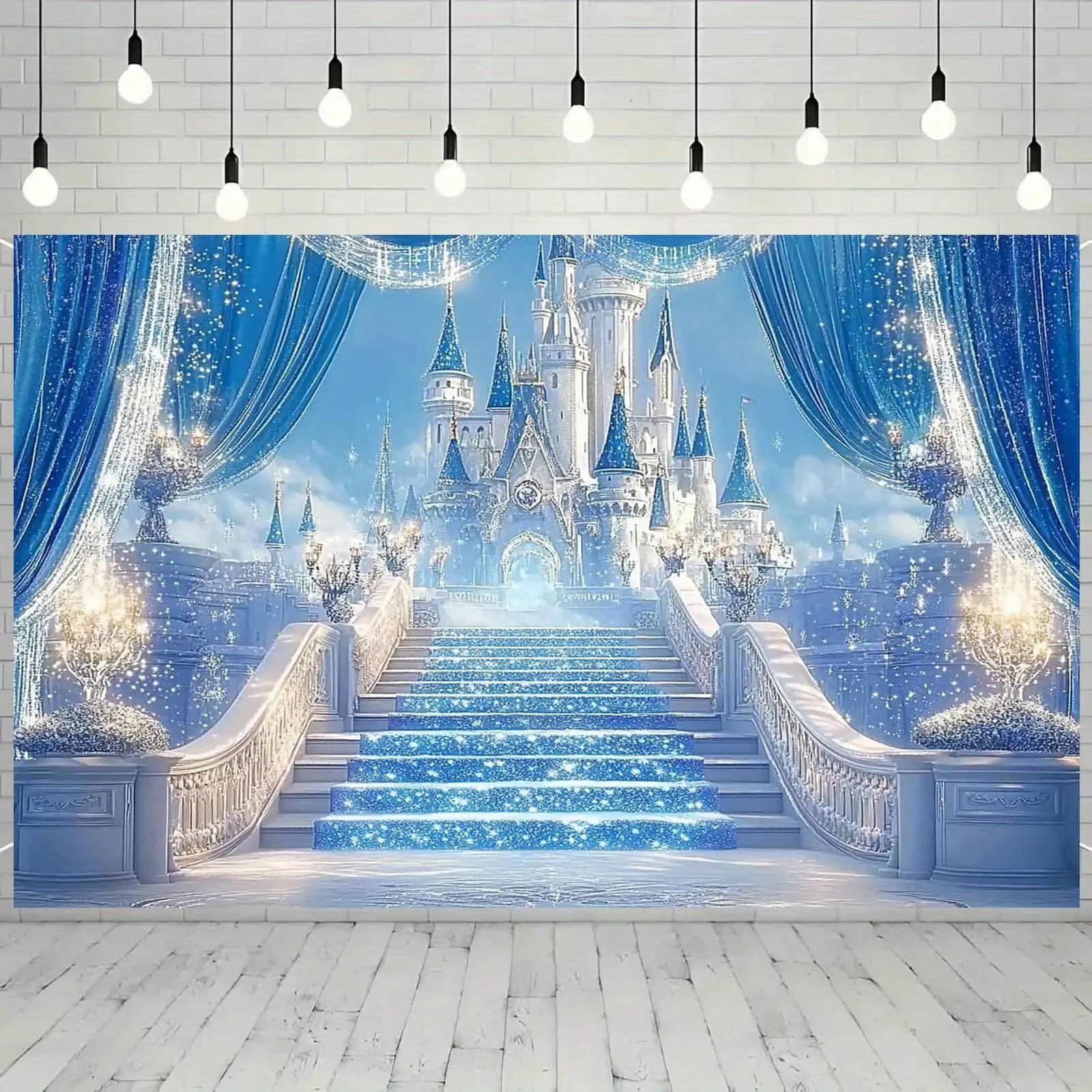 Frozen Inspiration Ice Castle Backdrop - Indoor Party & Photography Decoration, Retro Blue-White Castle with Sparkling Blue Curtains, Vinyl Wrinkle-Resistant Quick-Dry Backdrop, Multiple Sizes (100x150cm–180x244cm)