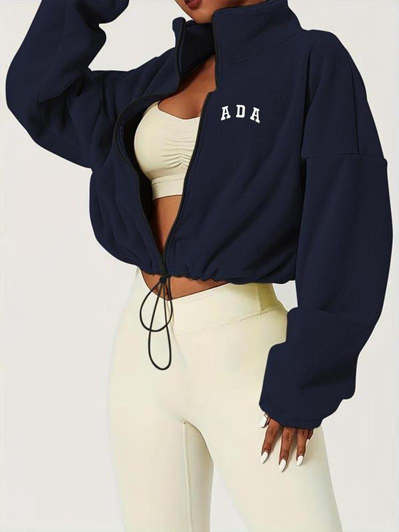 Women's Cropped Zip-Up Jacket - Fleece Casual Top with 'ADA' Print for Daily & Leisure. Adjustable Drawstring Waist Jacket in Navy/Beige/Black Winter Fashion Clothing Women's Cropped Zip-Up Jacket - Fleece Casual Top with 'ADA' Print for Daily & Leisure. Adjustable Drawstring Waist Jacket in Navy/Beige/Black Winter Fashion Clothing