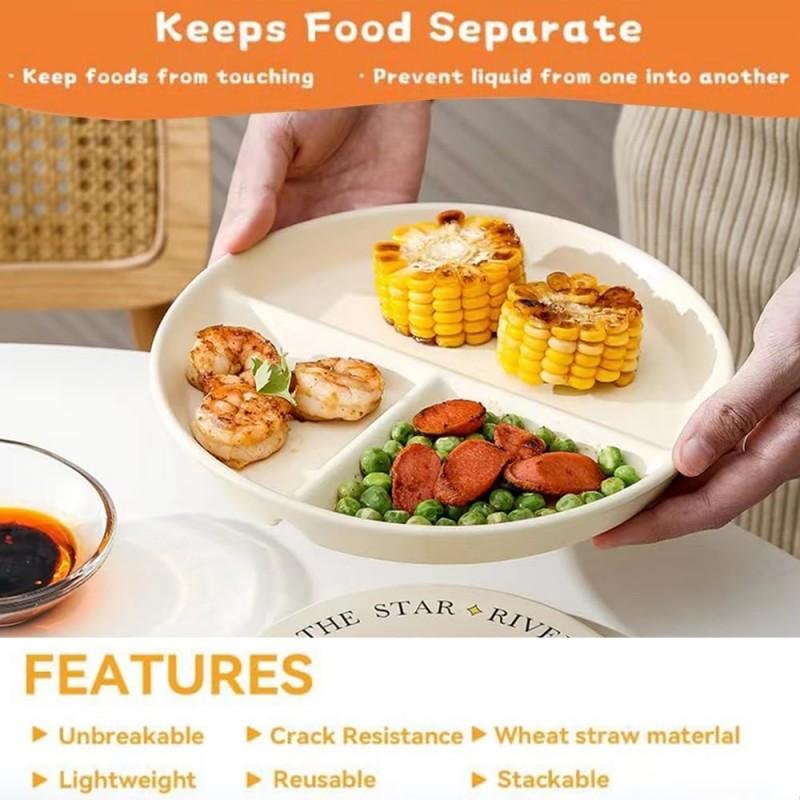 Unbreakable Divided Plates 5PCS for Kids Adults, Corelle Divided Plates, Wheat Straw Divided Plates, Salad Serving Plates, Lightweight Reusable Dinnerware Portion Control Plastic,9IN