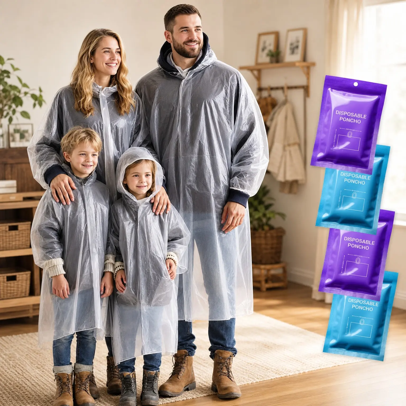 Disposable Rain Ponchos for Adults & Kids - Family Pack - Clear, Compact, Breathable, Emergency Ponchos with Hood - Travel Rain Poncho for Hiking, CampingGift