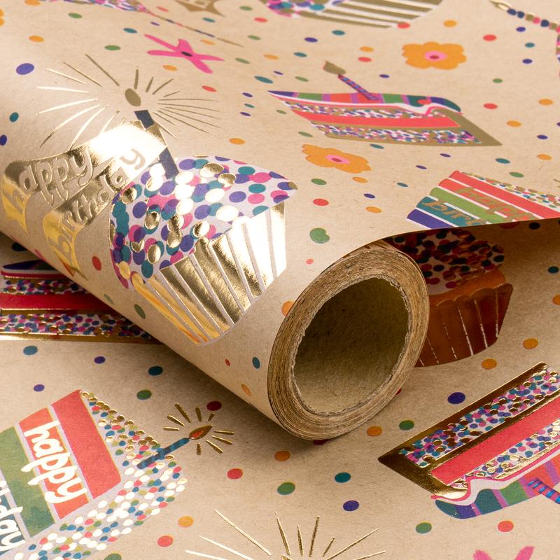 RUSPEPA Birthday Wrapping Paper for Girls, 17 in x 16.4 ft, Mini Roll, Gold Foil Birthday Cake and Dot Pattern Great, Kraft Wrapping Paper Roll for Girls, Boys, Birthday, Party and Holiday