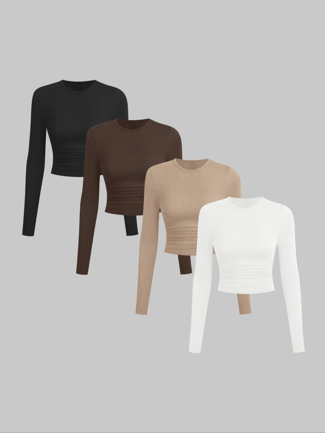 Women's Spring Autumn Round Neck Solid Color Knit Long Sleeve Fitted T-Shirt Set, Fashion Casual Versatile, 4 Piece Bundle