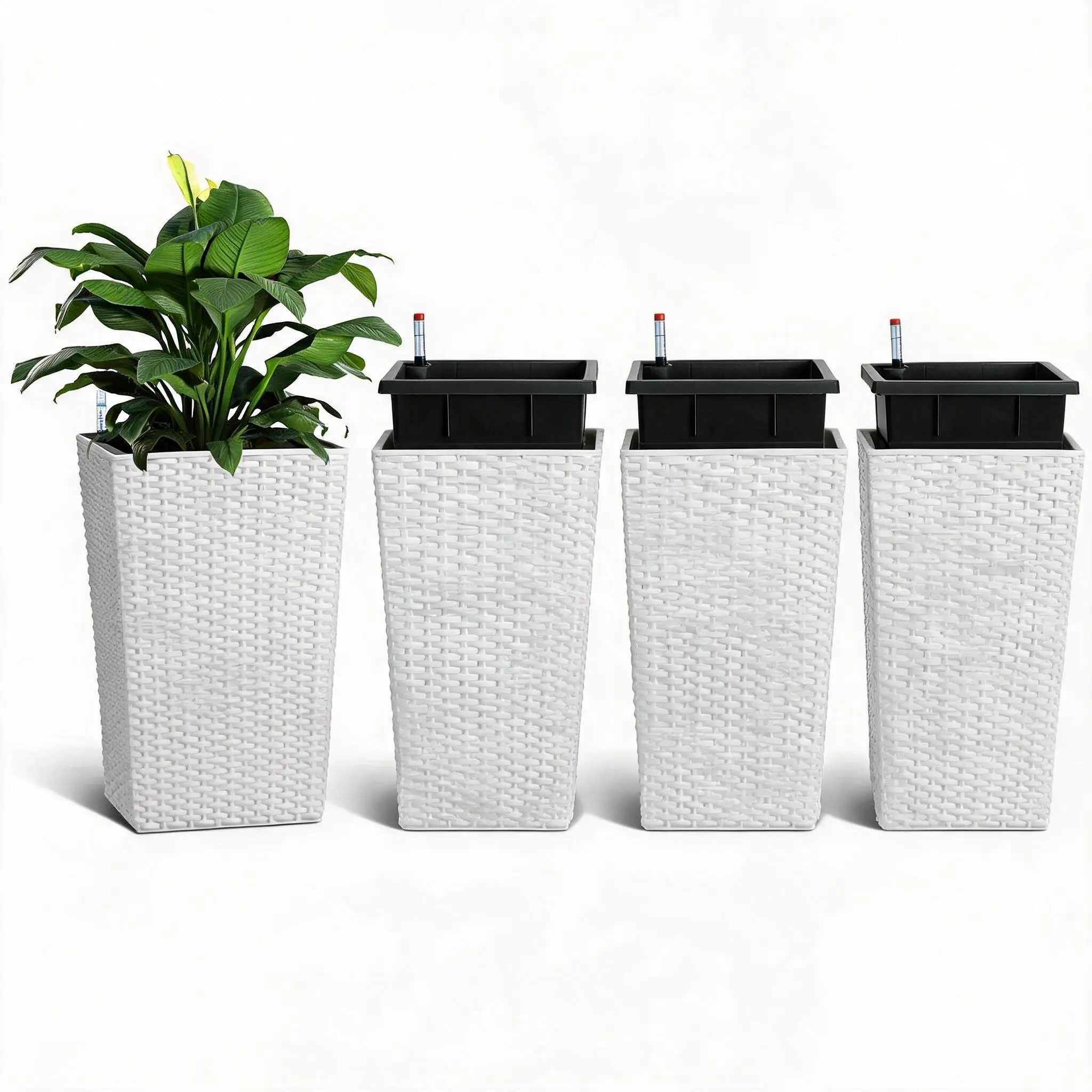 Self-Watering Tall Planters Set of 4 – 16 Inch, Modern Design with Drainage, Detachable Inner Pot, Water Level Gauge, Sturdy Flower Pots for Indoor Outdoor Patio, Porch, Balcony, Entryway