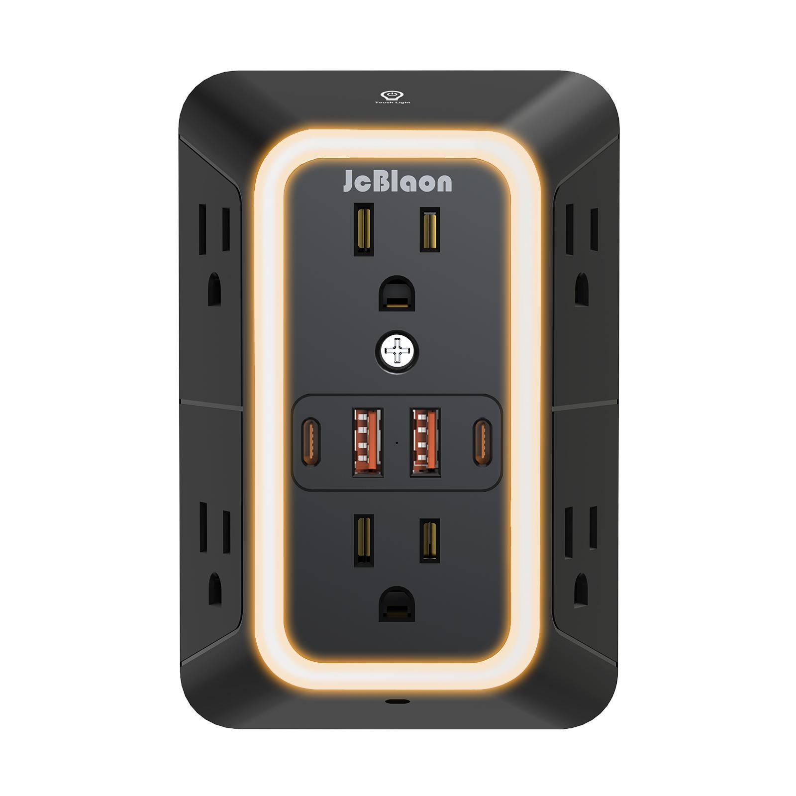 2 Pack Wall Outlet Extender with Night Light, 6 AC Outlets 4 USB Charging Ports , 1050J Surge Protector Power Strip, Multi Plug Outlet Adapter for Home, Travel, Office（Black and White）