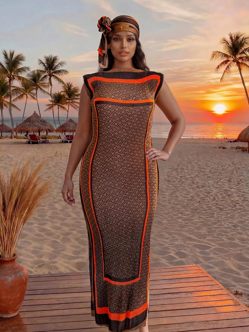 Women's Elegant Animal Print Long Dress Set, Slim-Fitting Moo Moo Skirt & Scarf, Beach Sun Protection Shawl, All Seasons Fashion