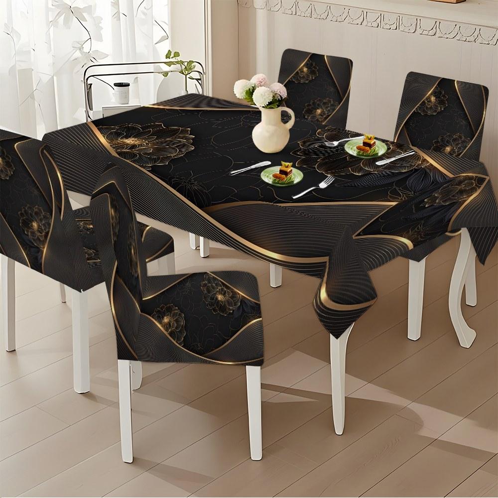 5/7-piece 2D Flat Printing Black - gold Floral Curve Splicing Printing Pattern Tablecloth and Chair Cover Set, for dining table and chair decoration, perfect for home, holiday gatherings, restaurants, and parties.