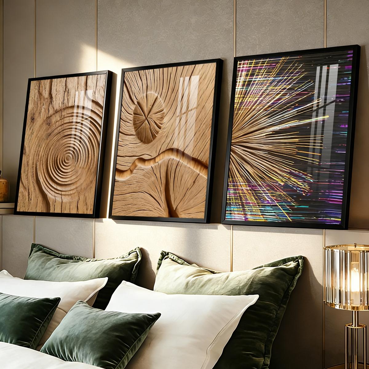 3 Counts Aluminum Alloy Framed Painting, Abstract Wood Texture And Light Burst Art, Home Decoration For Living Room, Bedroom, Office, Restaurant, Hallway Wall Decor, Odorless Print Artwork, Luxury Perfect Gift For Friends And Family