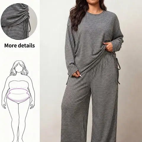 Plus Size Women's Striped 2-Piece Outfit, Loose Long-Sleeve Drawstring Top & High-Waist Wide-Leg Pants with Pockets, Comfy Casual Matching Set, Fall & Winter Everyday Wear