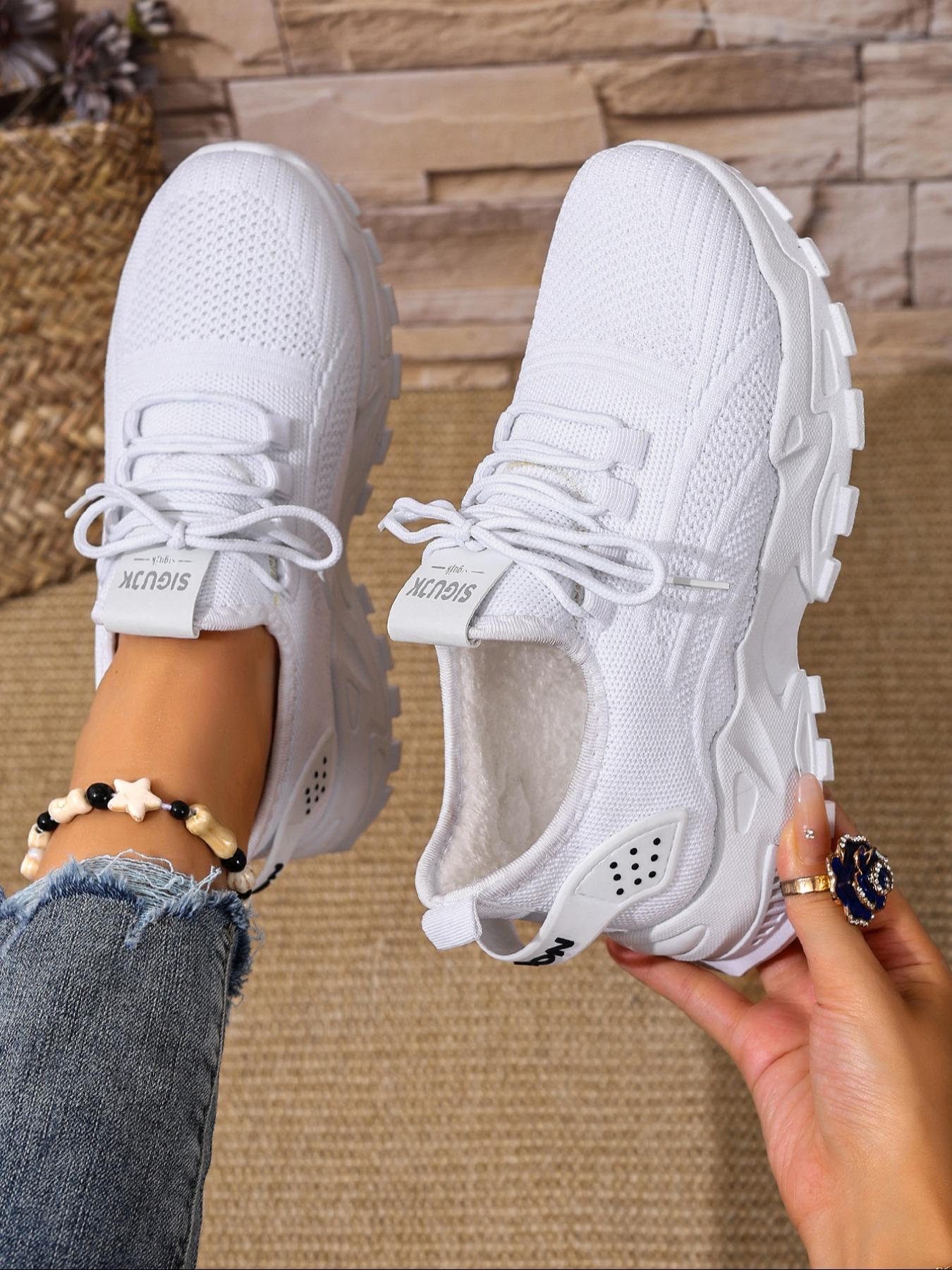 High-Quality Women's Breathable Knit Fleece Lined Sneakers, Winter Fashion Casual Lightweight Soft Sole Walking Shoes, Outdoor Comfort Low Top Running Shoes, Knitted Running Shoes