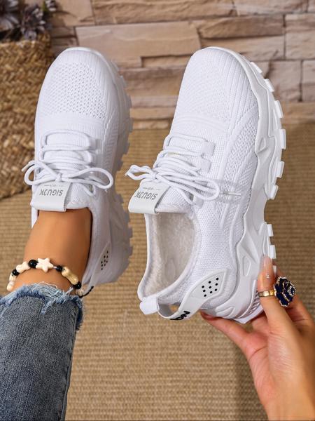 High-Quality Women's Breathable Knit Fleece Lined Sneakers, Winter Fashion Casual Lightweight Soft Sole Walking Shoes, Outdoor Comfort Low Top Running Shoes, Knitted Running Shoes