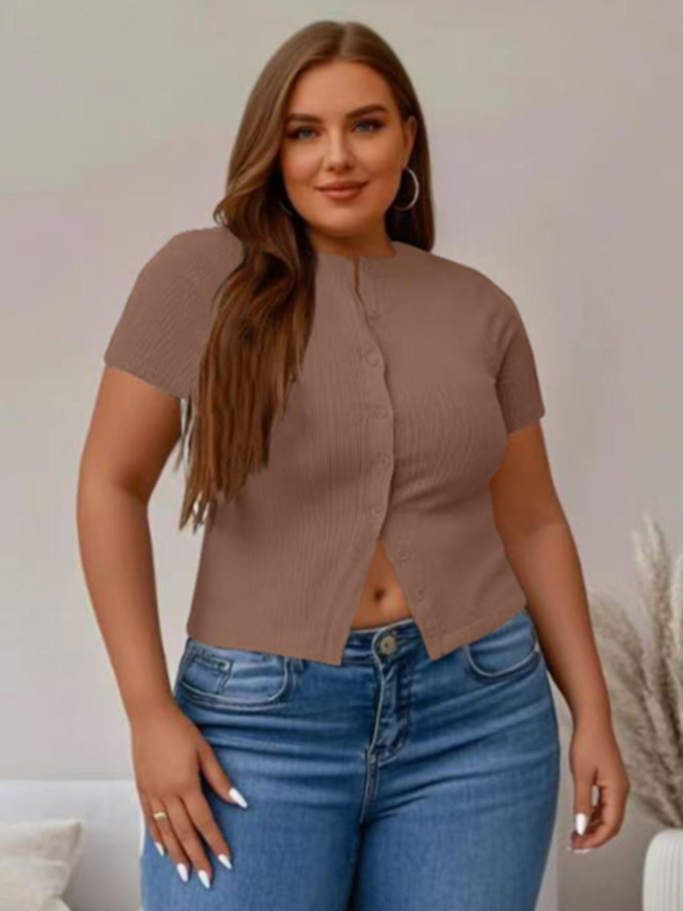【Plus Size】 Solid Ribbed Short Sleeve Top, Casual Button Front Top for Summer, Women's Plus Clothing for Daily Wear 【Plus Size】 Solid Ribbed Short Sleeve Top, Casual Button Front Top for Summer, Women's Plus Clothing for Daily Wear