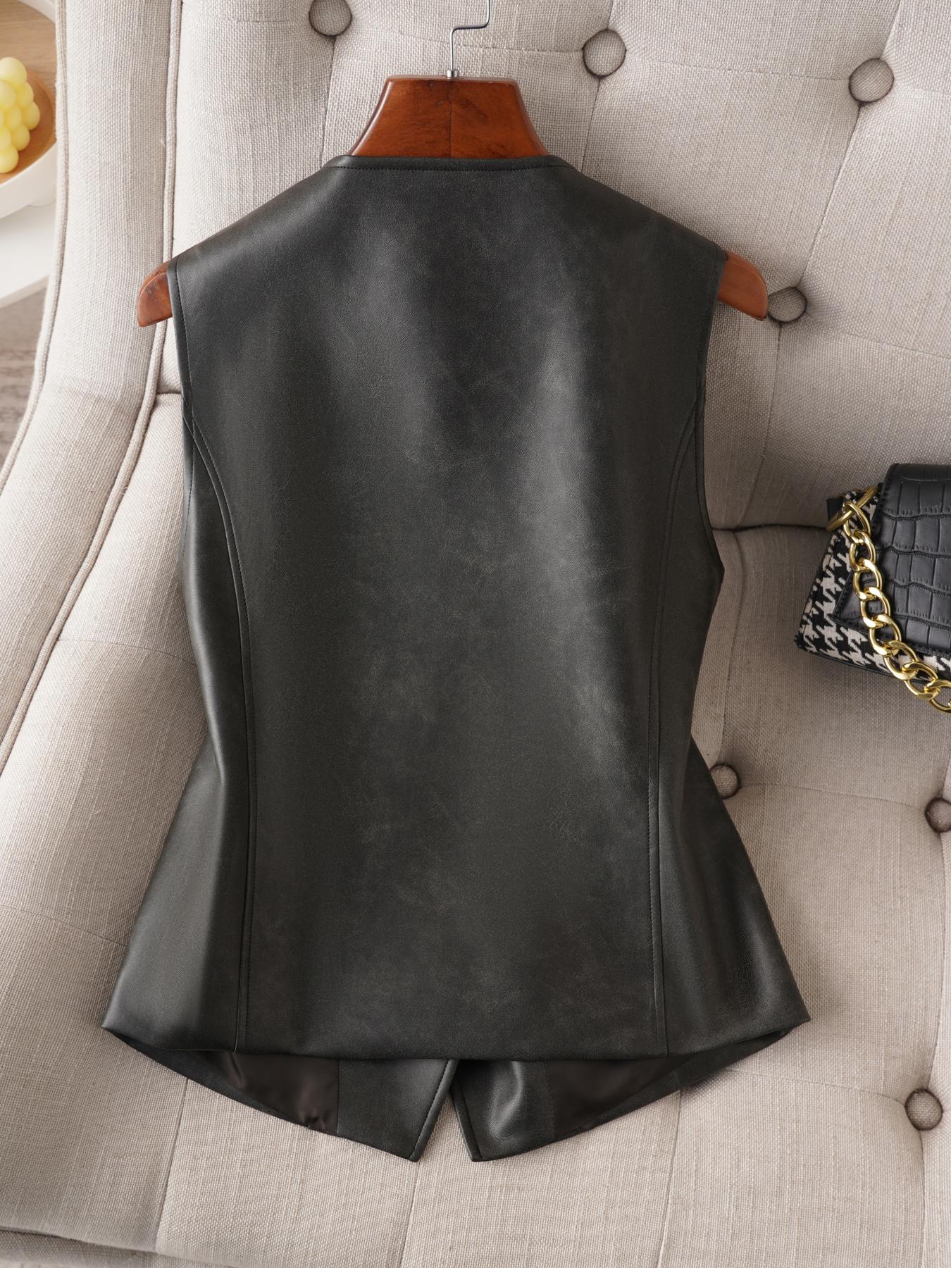 Women's Solid Color Button Front Pu Leather Vest, Fashion Casual V Neck Outerwear for Work Office Business, Ladies Spring & Fall Clothes